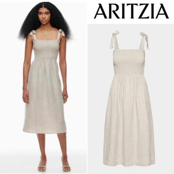 ARITZIA Wilfred Golden Hour Linen Smocked Midi Dress 2XS Ecru Oatmeal Boho - Picture 2 of 12